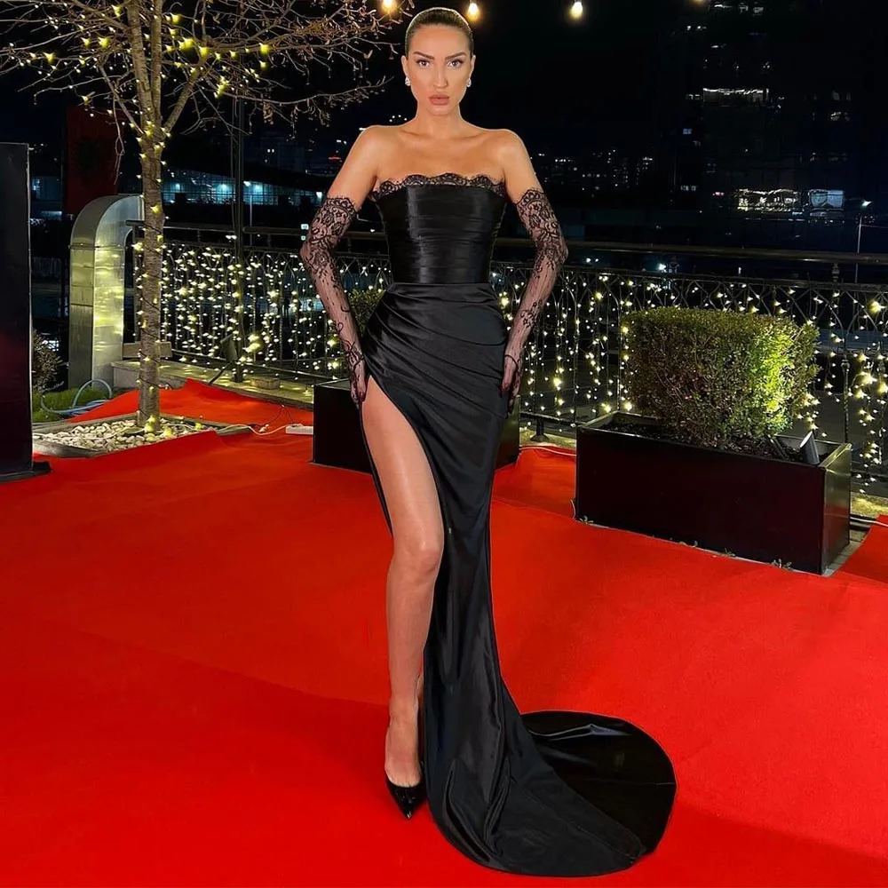 

Женское вечернее платье с юбкой годе, черное кружевное привлекательное вечернее платье, длинное вечернее платье без бретелек с высоким Боковым Разрезом и открытой спиной, платье-годе для вечеринки, 2023