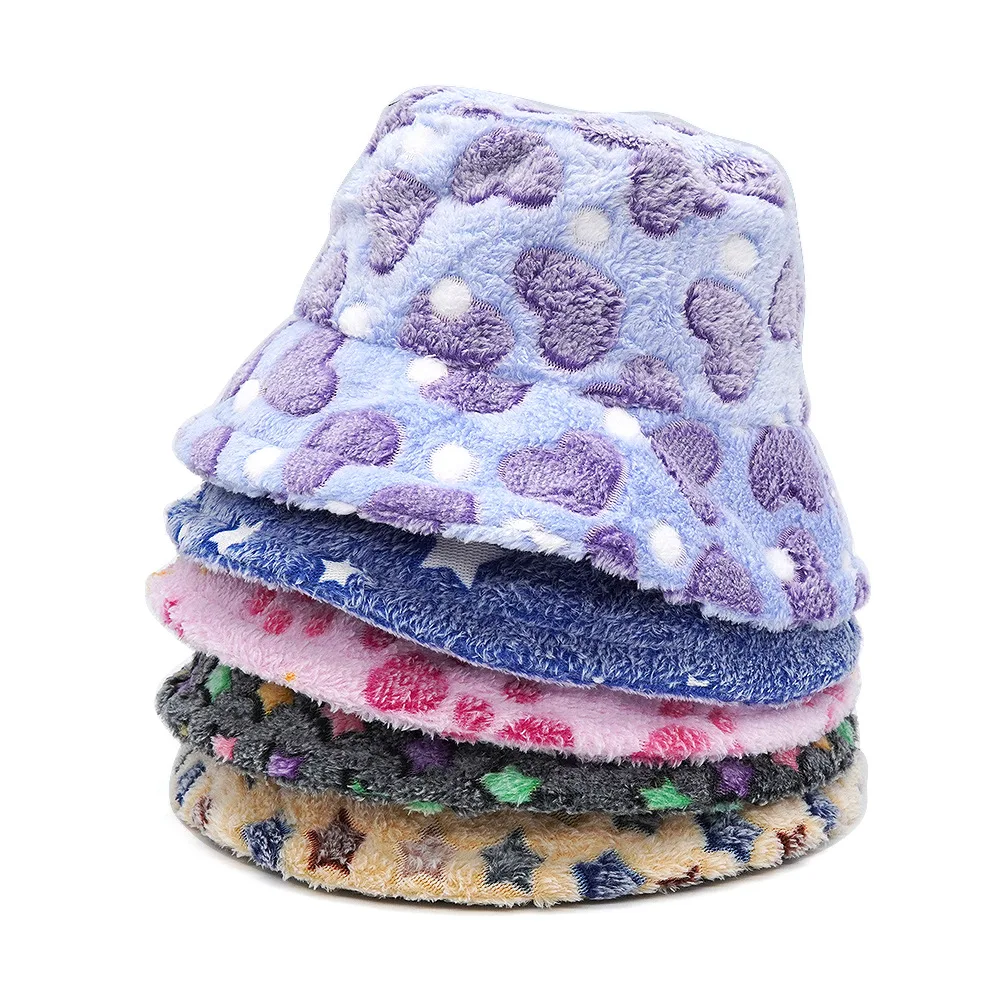 

2022 New Women Winter Faux Wool Bucket Hat Strar Heart Printed Wide Brim Warm Panama Fisherman Cap