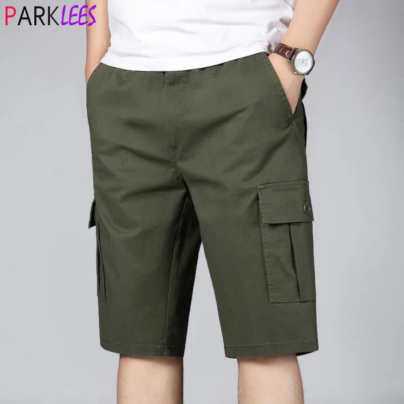 

Classic Army Green Cargo Shorts Men Multi-Pocket Cotton Casual Elastic Waist Shorts Mens Outdoor Hiking Work Shorts Homme 6XL