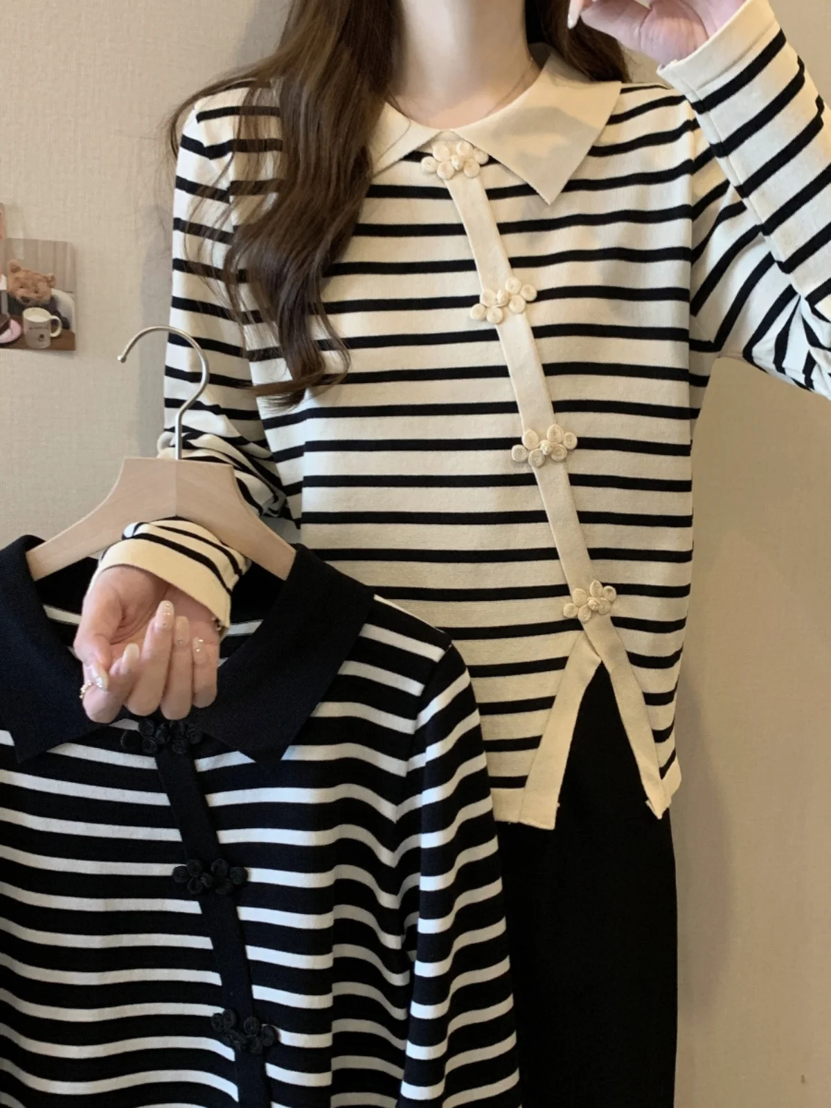 Женская трикотажная нижняя рубашка в полоску с нерегулярным разрезом стиле