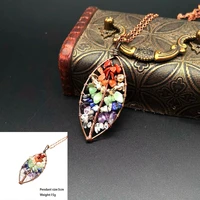 new natural stone seven chakra leaf charm pendant necklace for women tree of life healing colored crystal clavicle chain jewelry