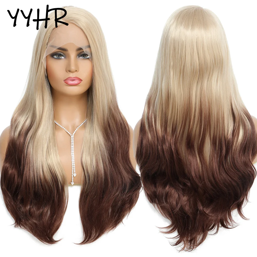 Synthetic Lace Wig Blonde Brown Gradient Long  Women Wig Natural Wave With Middle Part High Quality Lace Hair Wig