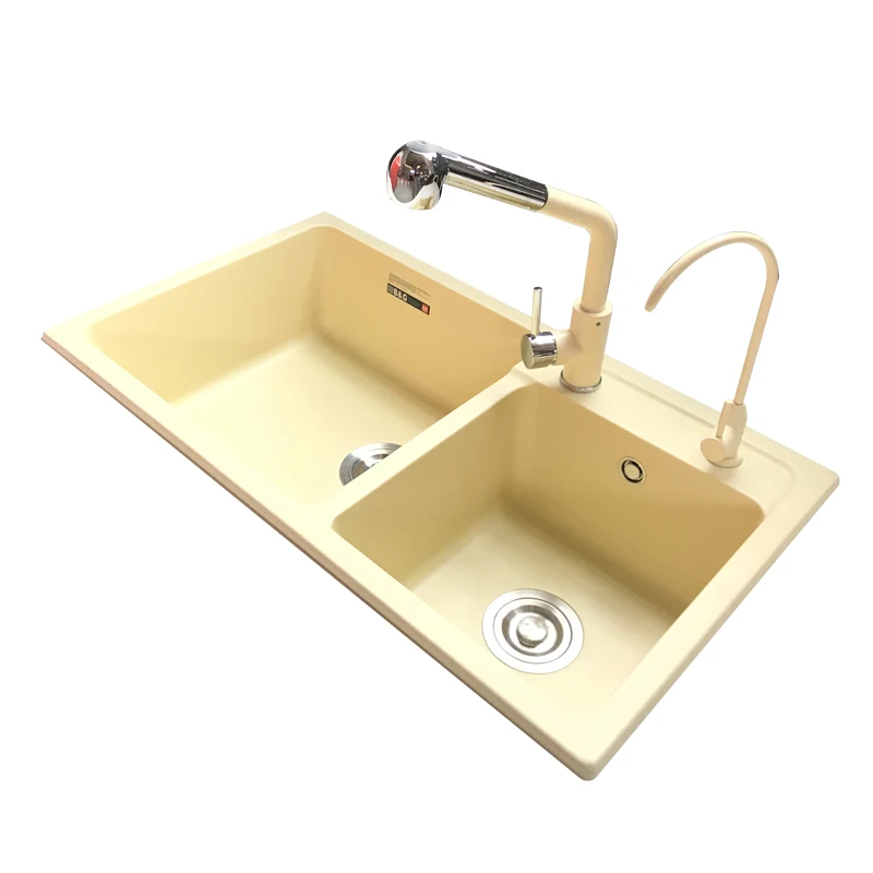 

Light Pink Light Yellow Quartz Sink Double Groove Kitchen Vegetable Basin Pool Granite Color Pool Drop-in Sink