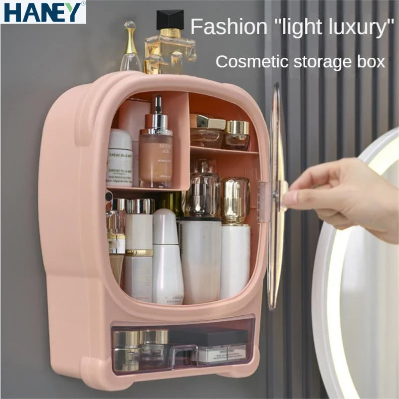 

High-capacity Drawer Makeup Organizer Wall-Mounted Bathroom Free Punching Transparent Dustproof Storage Make Up Box