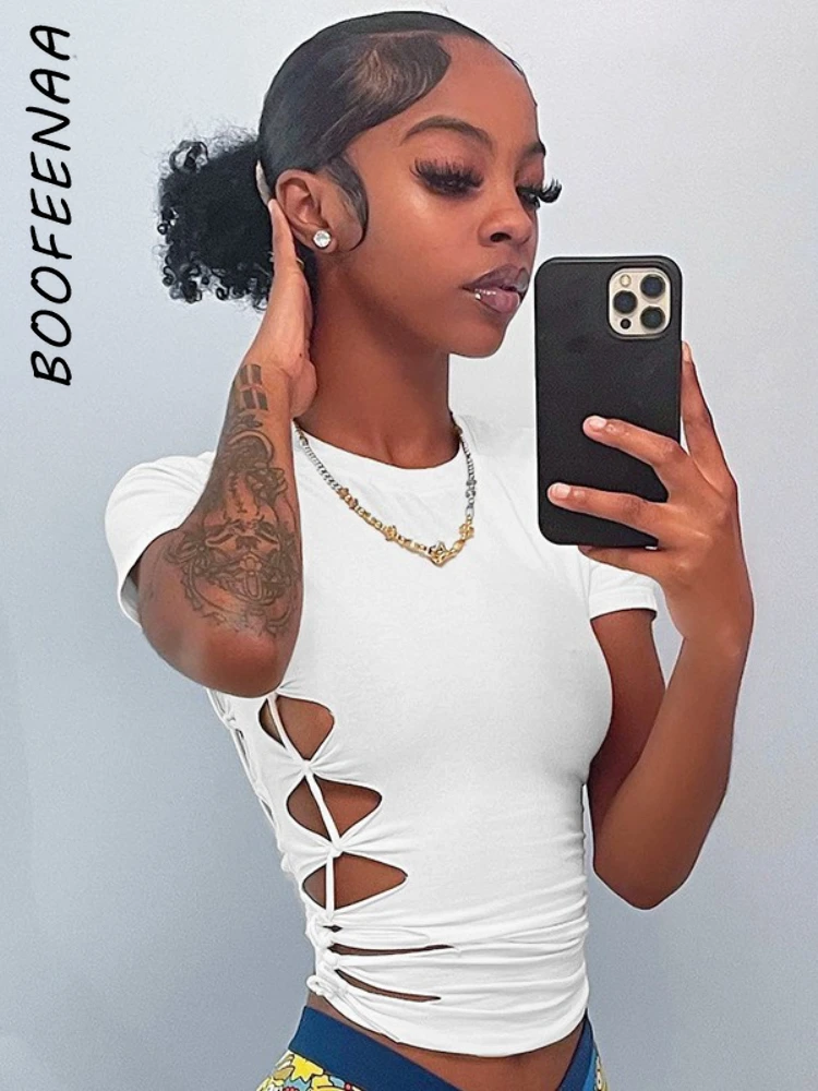 

Асимметричные футболки BOOFEENAA с коротким рукавом, женская одежда, модные тренды 2022, летние сексуальные топы, черные, белые