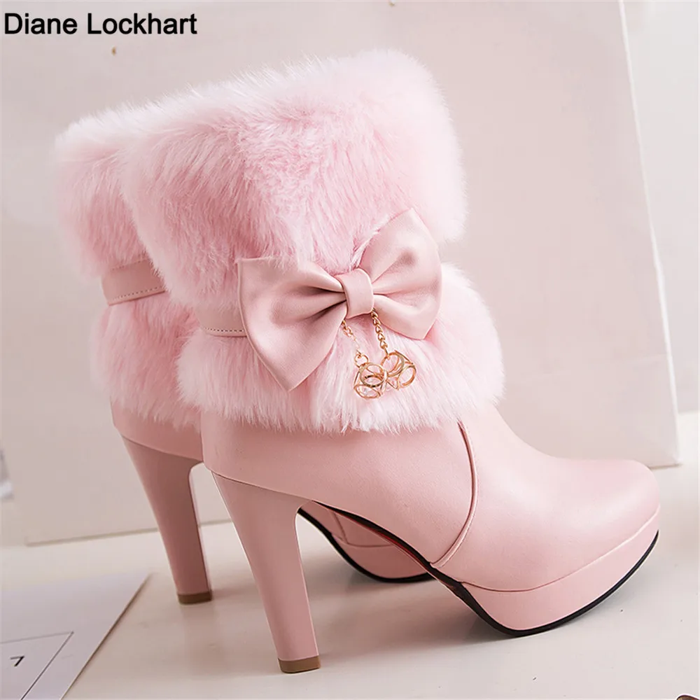 

2022 Winter Womens Fashion High Heel Boots Pink White Black Fur Tassel Bowtie Lovely Lolita Ladies Party Wedding Shoes size32-43
