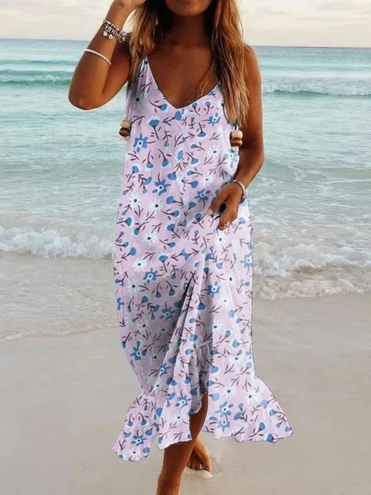 

Women Floral Print Ruffles Sling Straps Long Beach Party Dress Casual Sleeveless V Neck Lady Dress Elegant Loose Waist Dress