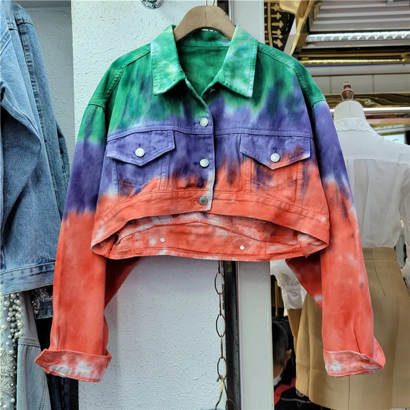 

Женская короткая джинсовая куртка, Повседневная Свободная джинсовая куртка с отложным воротником и длинным рукавом, уличная одежда, весна ...