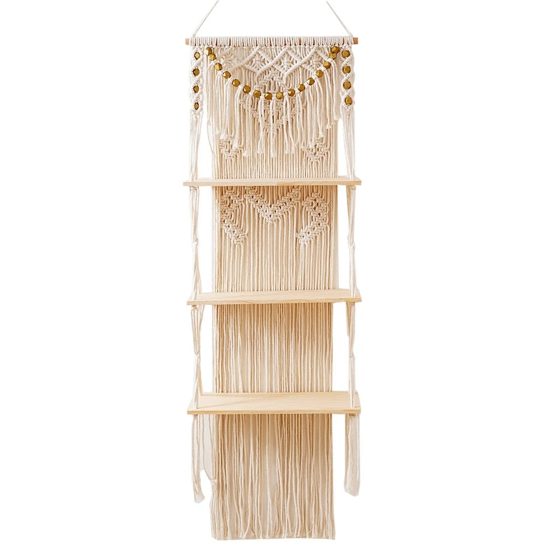 

Macrame Wall Hanging 3-Tier Floating Wall Shelves For Bedroom, Bathroom, Nursery, Boho Wall Decor Shelves For Plant Pot-FS-PHFU