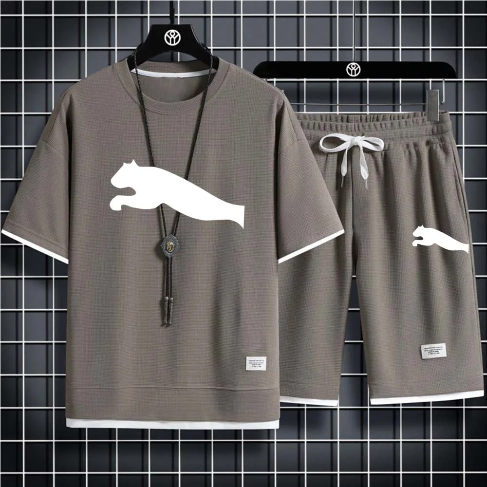 Summer Men Solid Color  LOG Tracksuit Short Sleeve T Shirt Set 2 Piece Outfit Clothes Sportswear  Beach Shorts