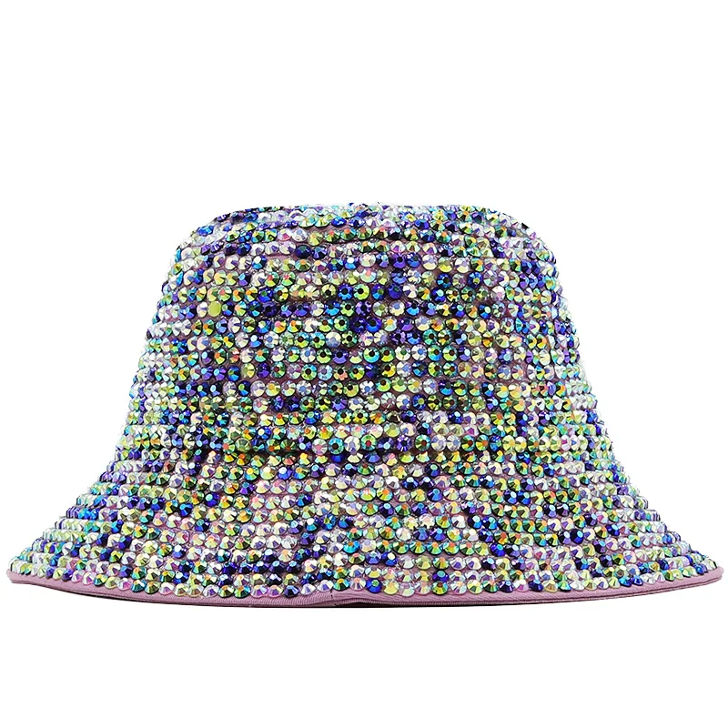 

luxury Diamond Bucket Hat Women Reversible Pu And Rap Soild Sun Hat Bob Panama singer Girl Party Bling show Fisherman Hat