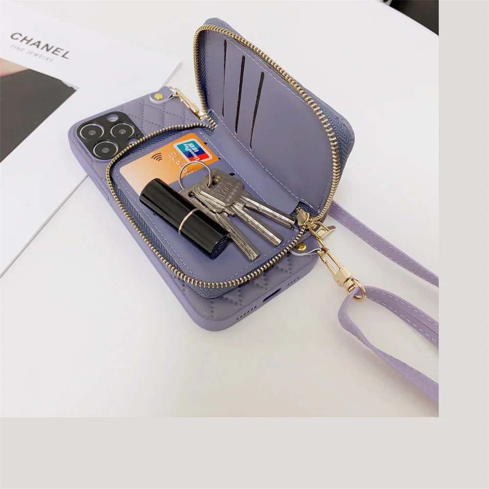 Crossbody Wallet Phone Case for IPhone 14 13 12 11 Pro Max Card Slot Holder Lanyard Strap Cord Zipper Bag Purse Leather Cover