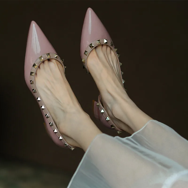 Shoes For Woman Designer Rivets Pumps Brand High Heels Shoes 2023 Comfortable Chunky Heel 3cm Elegant Office Shoes 33-41With Box