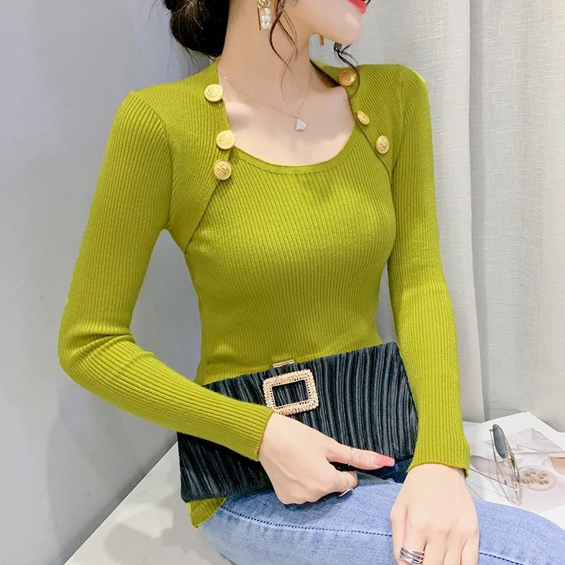 

Women Sweater Button Solid Color Long Sleeve Knitted Pullover Tops Spring Autumn Sexy Night Club Slim Bottoming Sweaters 9111
