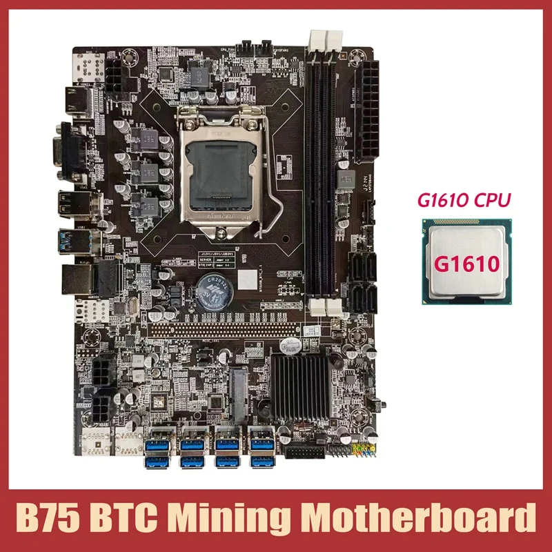 

NEW-B75 BTC Mining Motherboard+G1610 CPU LGA1155 8XPCIE USB Adapter Support 2XDDR3 MSATA B75 USB BTC Miner Motherboard