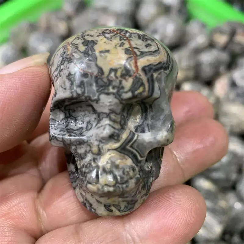 

Natural Leopard Stone Skulls Carving Crystal Craft Healing Halloween Ornaments Gift Reiki Gemstone Home Decoration 1pcs