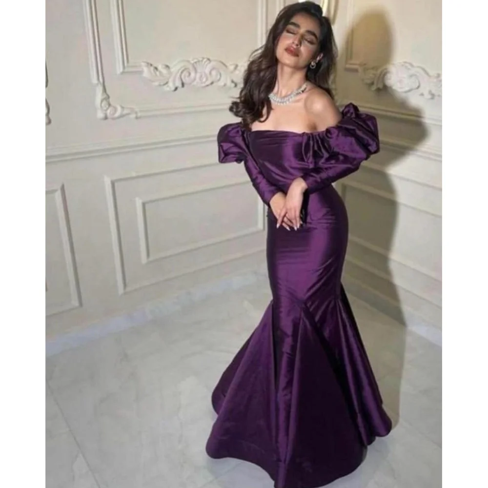 

Katerina Elegant Long Purple Taffeta Evening Dresses With Sleeve فساتين السهرة Mermaid Party Gowns Floor Length Prom Dress