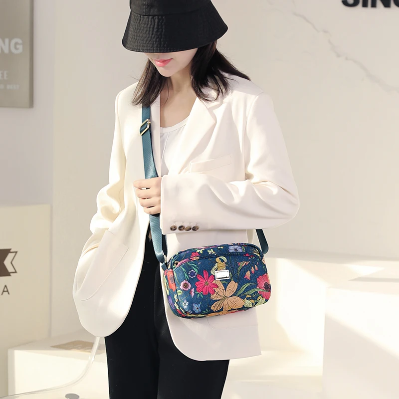 Rural Style Cloth Crossbody Ladies Casual Small Shoulder Bag Flower Nylon Waterproof Handbag Daily or Women Shopping Travel Bag