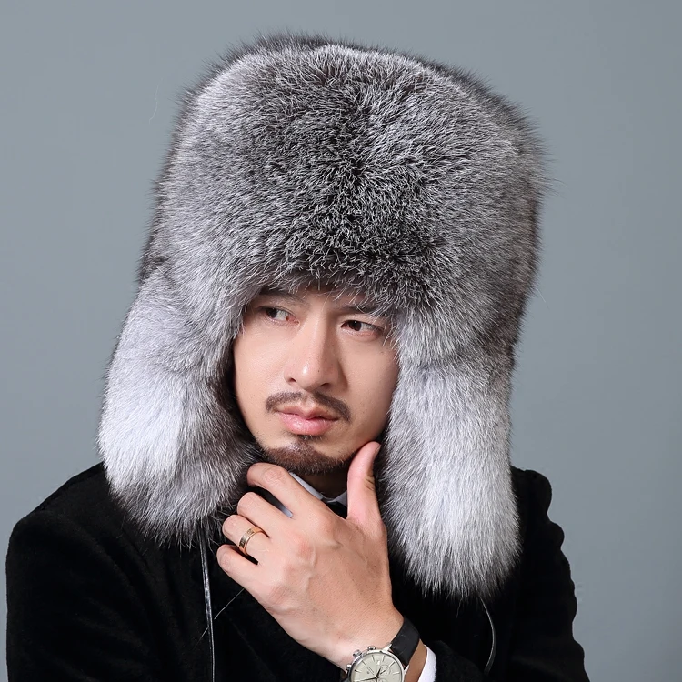 

Real Fur Hat Autumn and Winter Mens Raccoon Dog Fur Full Leather Ear Protector Warm Fox Fur Hat Outdoor Solid Fluffy Bomber Hats