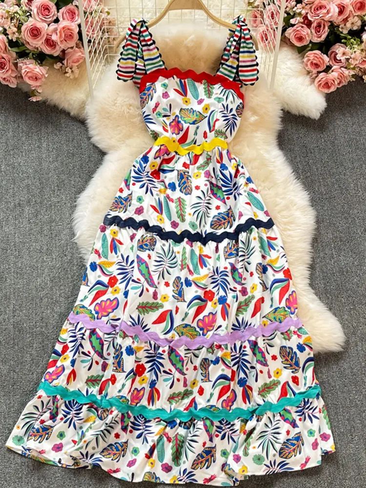 

Summer Runway Beach Bows Spaghetti Strap Flower Stitching Dress Women's Sleeveless Backless Floral Print Holiday Party Vestidos