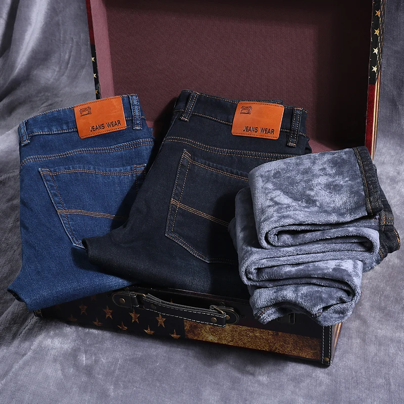 

Winter Fleece Keep Warm Men's Straight Jeans 2022 New Arrival Men Casual Classic Blue Black Denim Trousers Plus Size 40 42 44