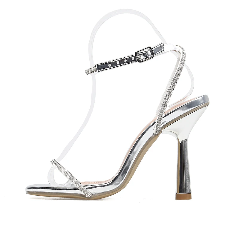 ZOOKERLIN Summer Square Toe Rhinestone Strap Buckle Women Sandals Stiletto High Heels Solid Color Silk Elegant Dress Party Shoes