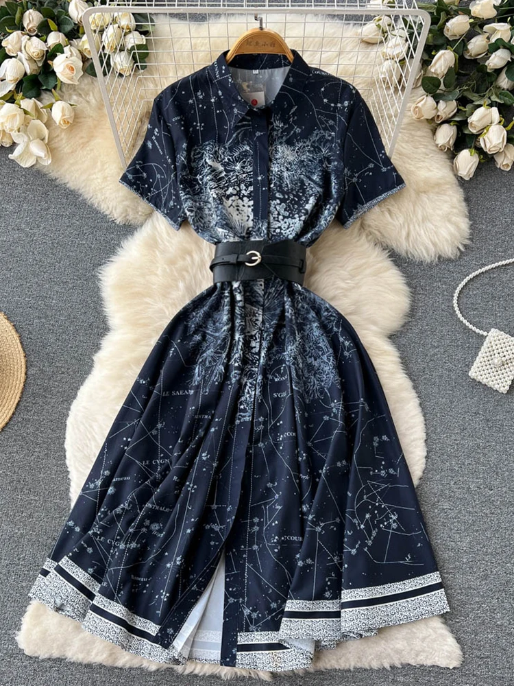 

FMFSSOM летнее элегантное приталенное платье в стиле ретро с высокой талией и отложным воротником, модное повседневное однобортное ТРАПЕЦИЕВИ...