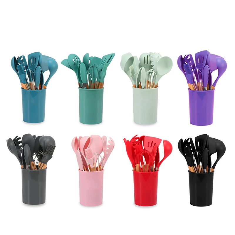 

Silicone Kitchenware Cooking Utensils Set Non-stick Cookware Spatula Shovel Egg Beaters Wooden Handle Kitchen Cooking Tool Set