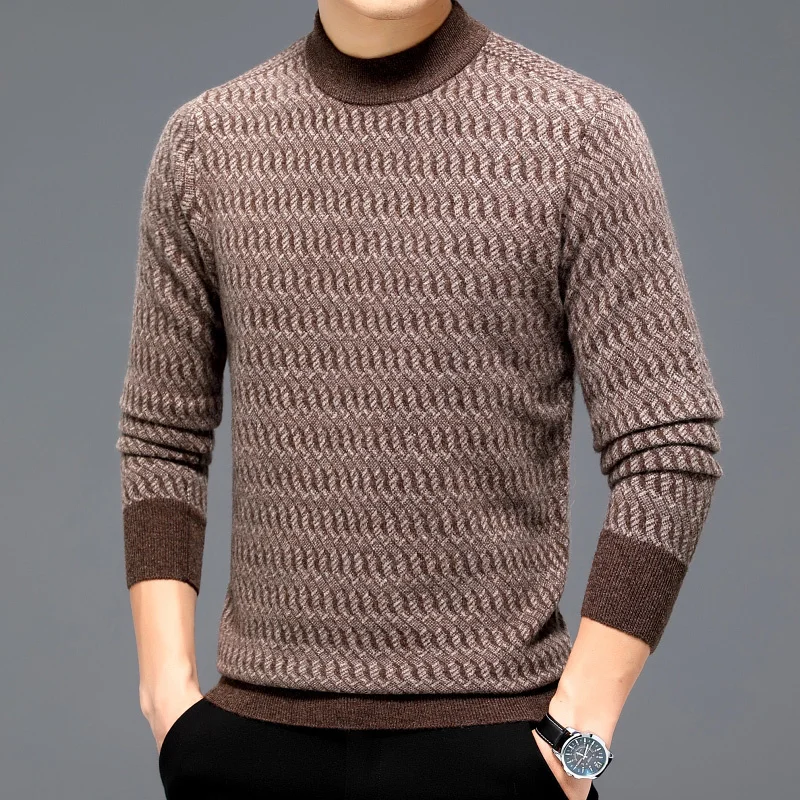 

Pure Sweater Men's Woolen Wool Half Turtleneck Mixed Color Jacquard Autumn and Winter Temperament Knitted Base Cardigan