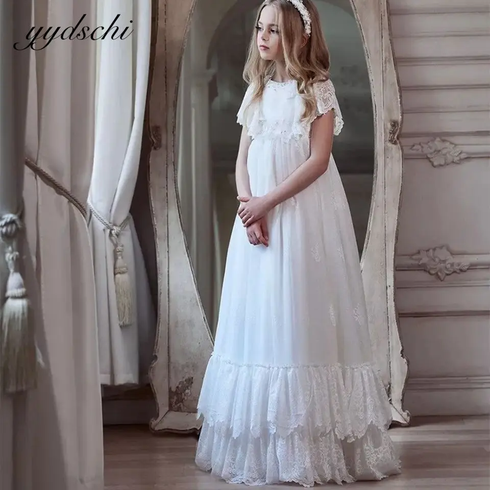 

2022 White Tulle Flower Girl Dresses Appliques Girl Wedding Dress Simple Short Sleeves Princess First Communion Vestido
