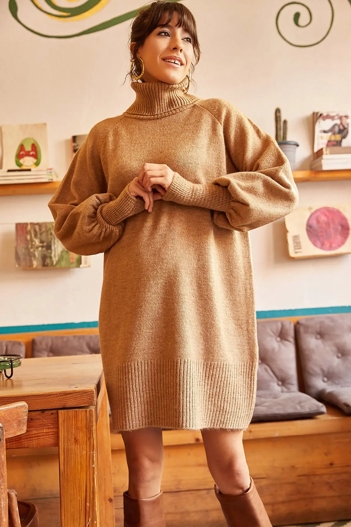 

Women's Milky Coffee Fisherman's Neck Balloon Sleeve Knitwear Dress ELB-19000867 Basic Cool Comfort Long Regular Mini