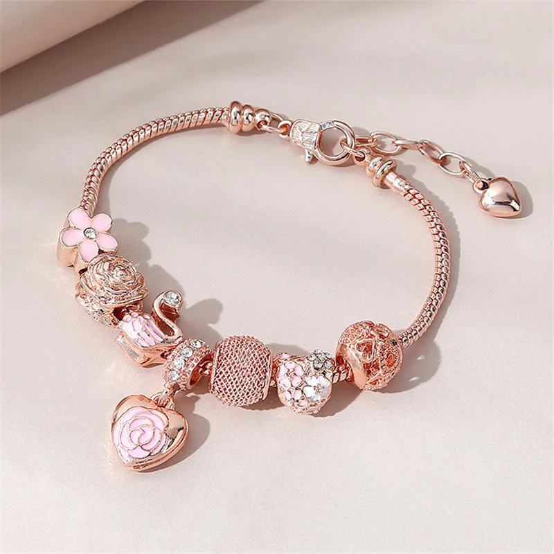 

Crystal Heart & Rose Bracelet W/Snake Chain CZ Stones, Flower Heart Center 7 Total Charms Pandora Beaded Bracelet Mother's gift