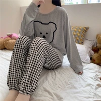 houzhou pajamas for teen girls kawaii bear pijamas womens long sleeve top plaid bottoms pyjamas sleepwear sets female spring