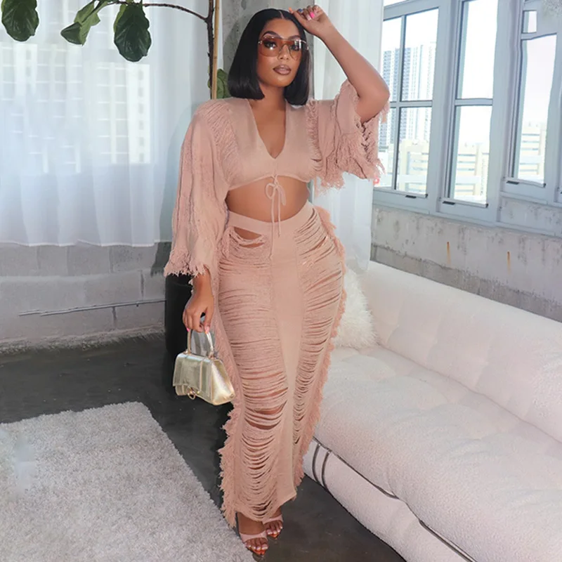 

Crochet Knitted 2pcs Dress Set Summer High Waist Ruffles Side Cutout Maxi Skirts And Long Deep V Neck Sweater Beach Outfts