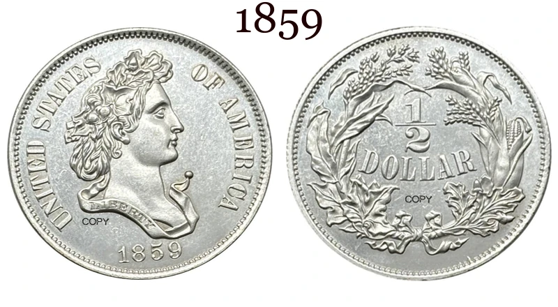 

США 1859 1/2 Половина доллара Свободы Узор 50 цен США Посеребренная копия Памятные монеты Коллекция монет Ww2