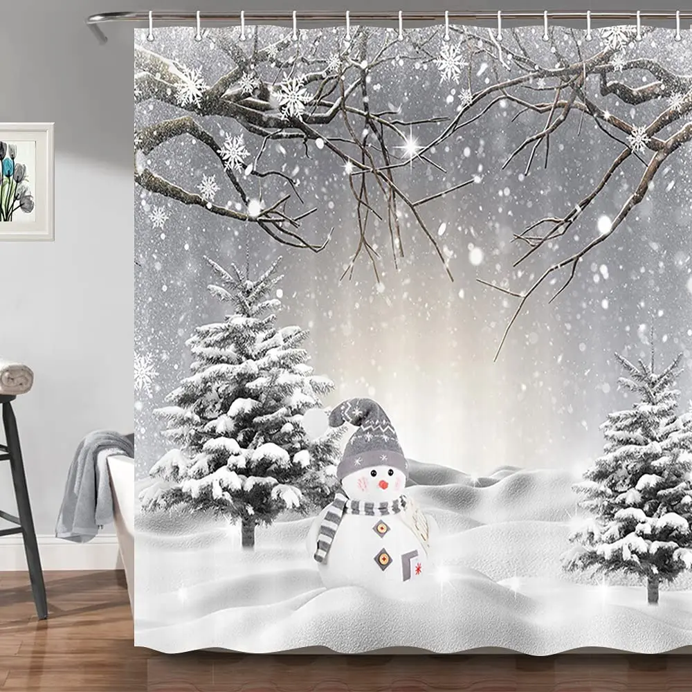 

Зимняя Рождественская занавеска для душа для ванной комнаты, забавные снеговики, снежинки, сцена, Сосновая елка, занавески для ванной из сне...