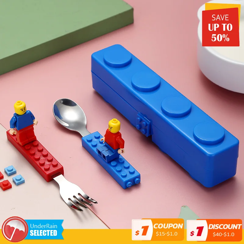 

304 Stainless Kids Funny Fork Spoon Set Children Building Block Toys Cartoon Steel Tableware Portable Storage Jigsaw Puzzle Toys