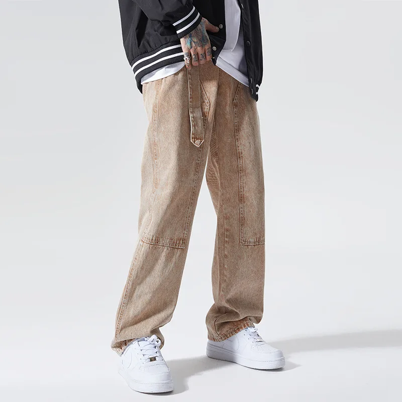 Four Seasons European and American Retro Jeans Men's Street Green Washed Distressed Loose Design Straight Leg Pants Ins Hot Sale