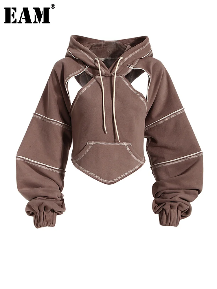 

[eam] Brown Back Bow Irregular Cut-out Sweatshirt New Hooded Long Sleeve Women Big Size Fashion Tide Spring Autumn 2022 1df1820