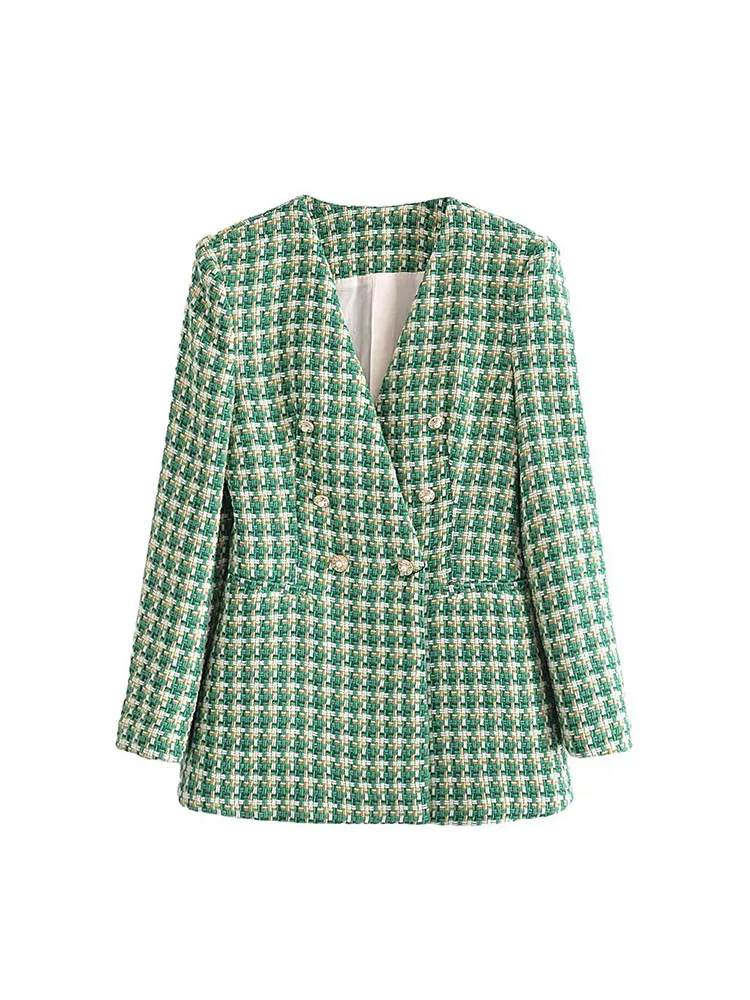 

PB&ZA 0854112 Women 2022 New Fashion Double Breasted Tweed Leisure Blazer Coat Vintage Long Sleeve Female Outerwear 0854/112