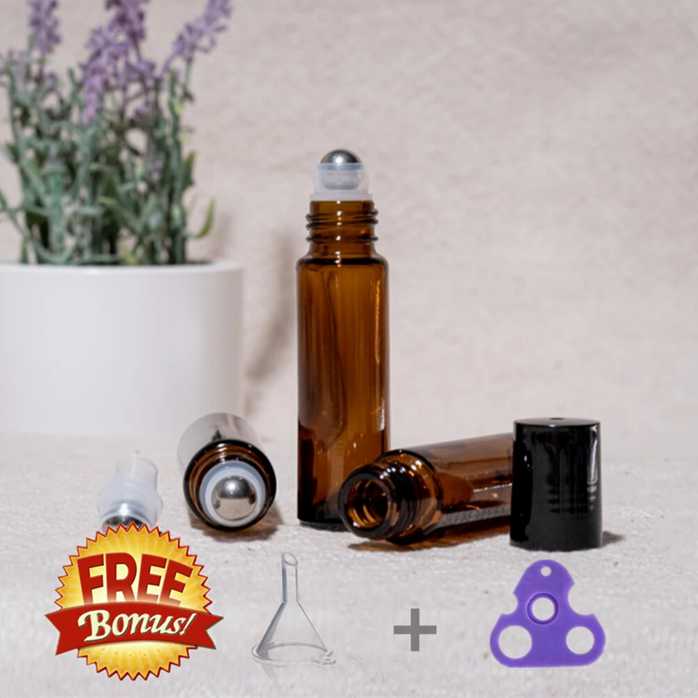 

6pcs 10ml Travel Essential Oil Roll On Bottle Small Empty Brown Glass Vial Stainless Steel Metal Roller Ball for Perfume Doterra