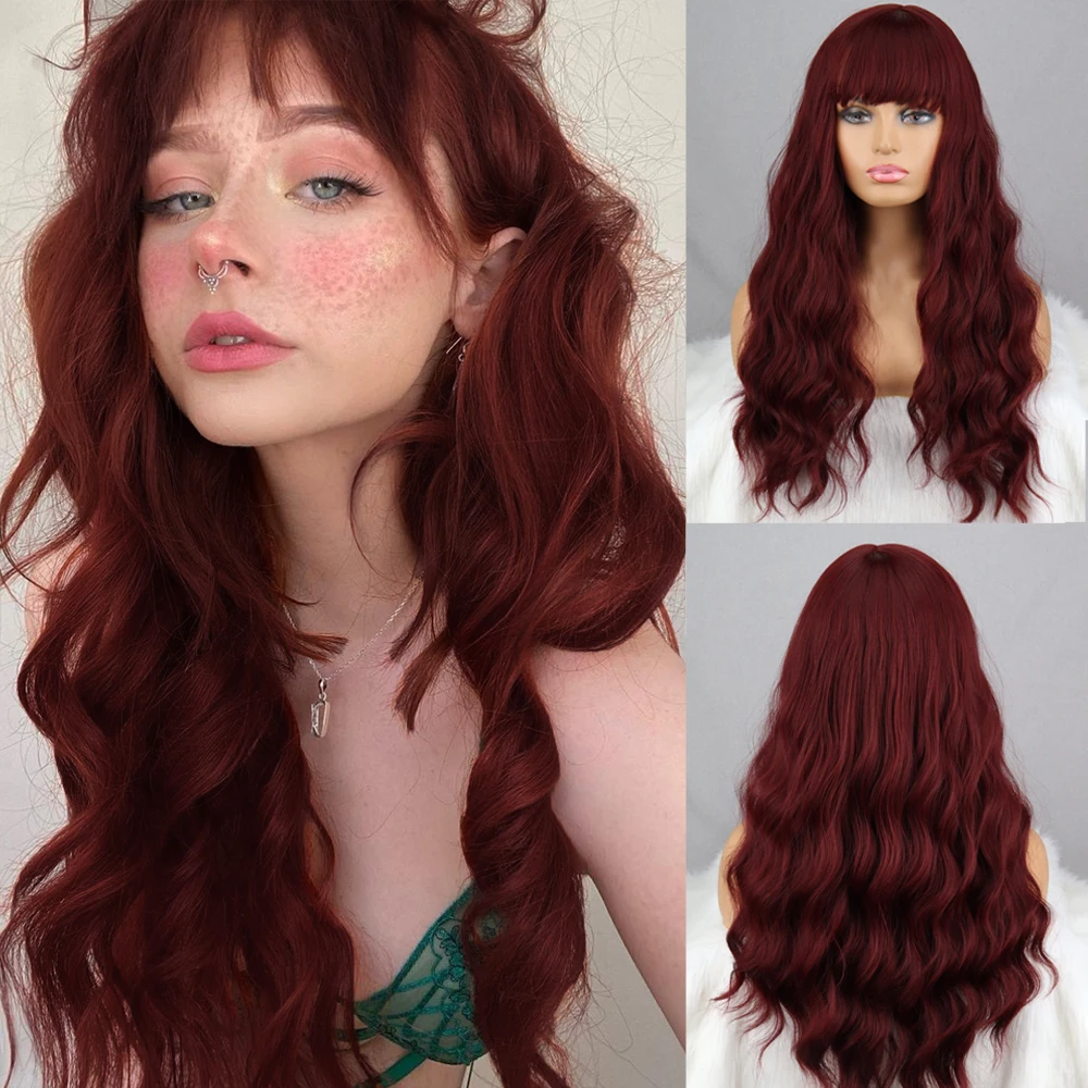 

Wine Red Water Ripple Long Wig Female Real Hairband Bangs Gold Brown Brown Color Synthetic Wig Female Fiber