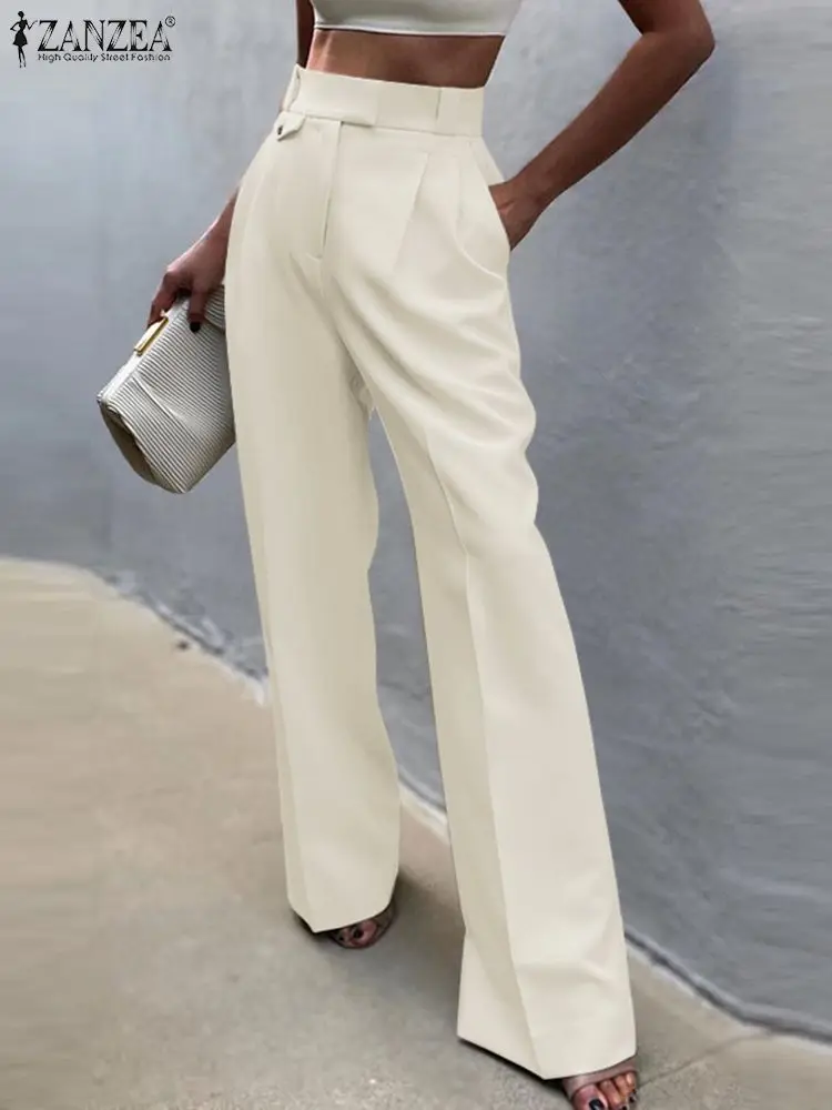 ZANZEA Elegant Office Lady High Waist Pants Women Fashion Streetwear Pleated Versatile Trousers Casual Solid Wide Leg Slacks