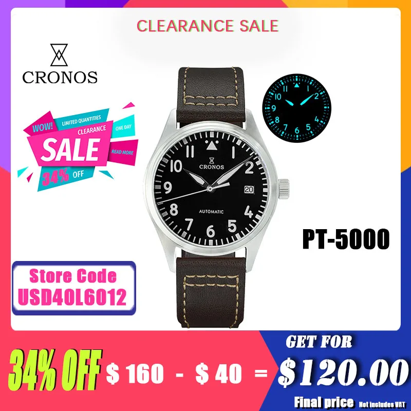 

Cronos Pilot Mechanical Men's Watches 39mm Stainless Steel Simple Style Vintage Leather Strap 100m Waterproof BGW-9 Blue Lum