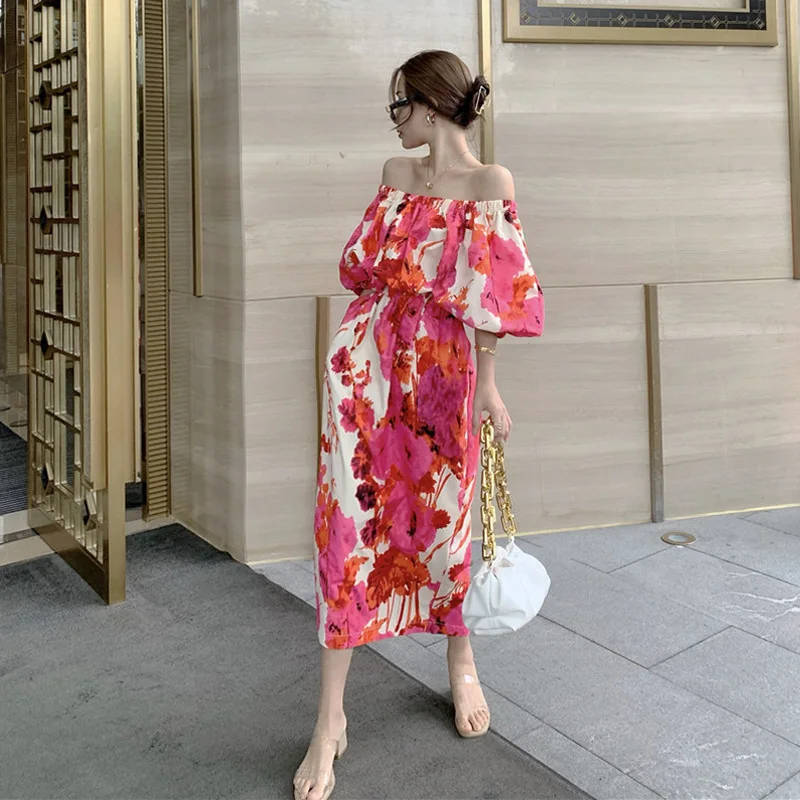 

Slash Neck Sexy Beach Style Maxi Dress for Women Summer Puff Sleeve Plus Size Vintage Ankle-Length Dresses Ladies Elegant 2022