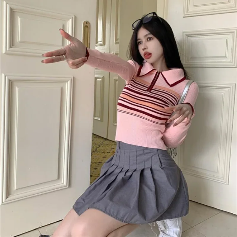 Вязаная рубашка-поло с воротником розового цвета укороченный топ женские