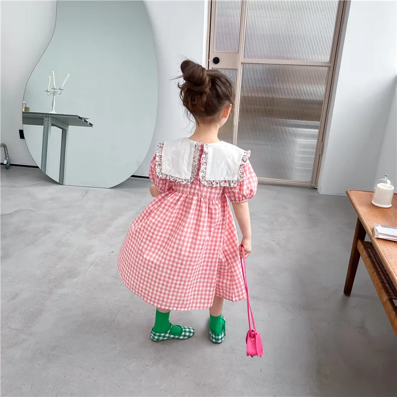 Корейское модное клетчатое платье для малышей детский матросский воротник