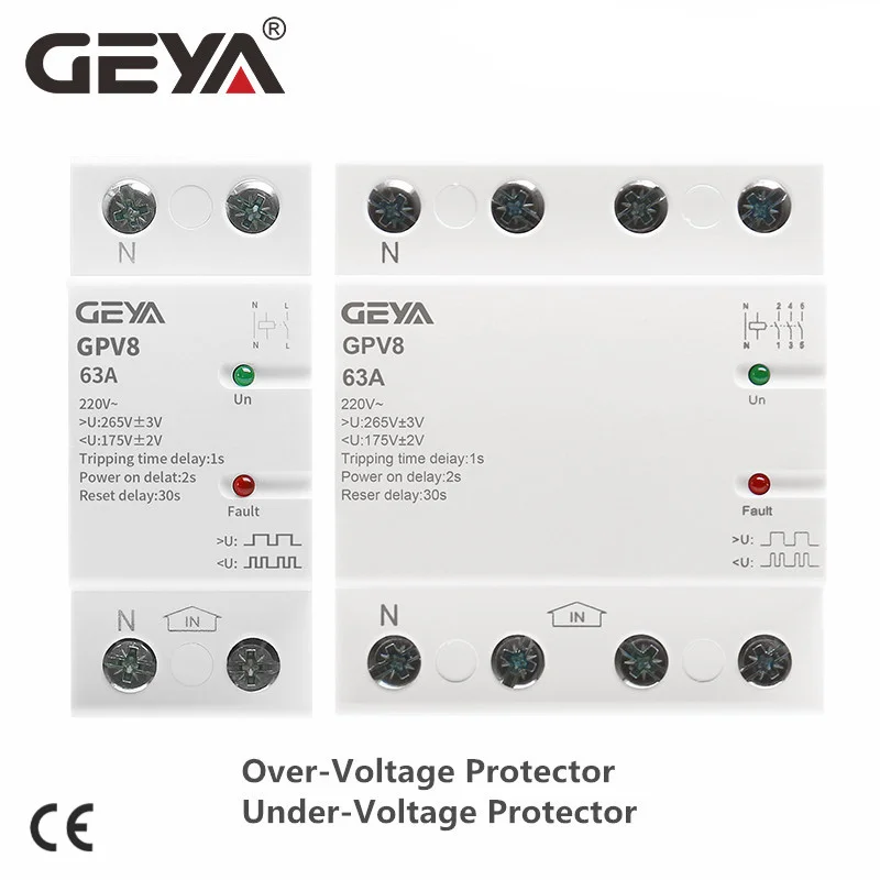 

GEYA GPV8 Din Rail Automatic Over Under Voltage Protector 220V AC Single Phase & 3 Phase Self Resetting Protector 40A 63A 80A