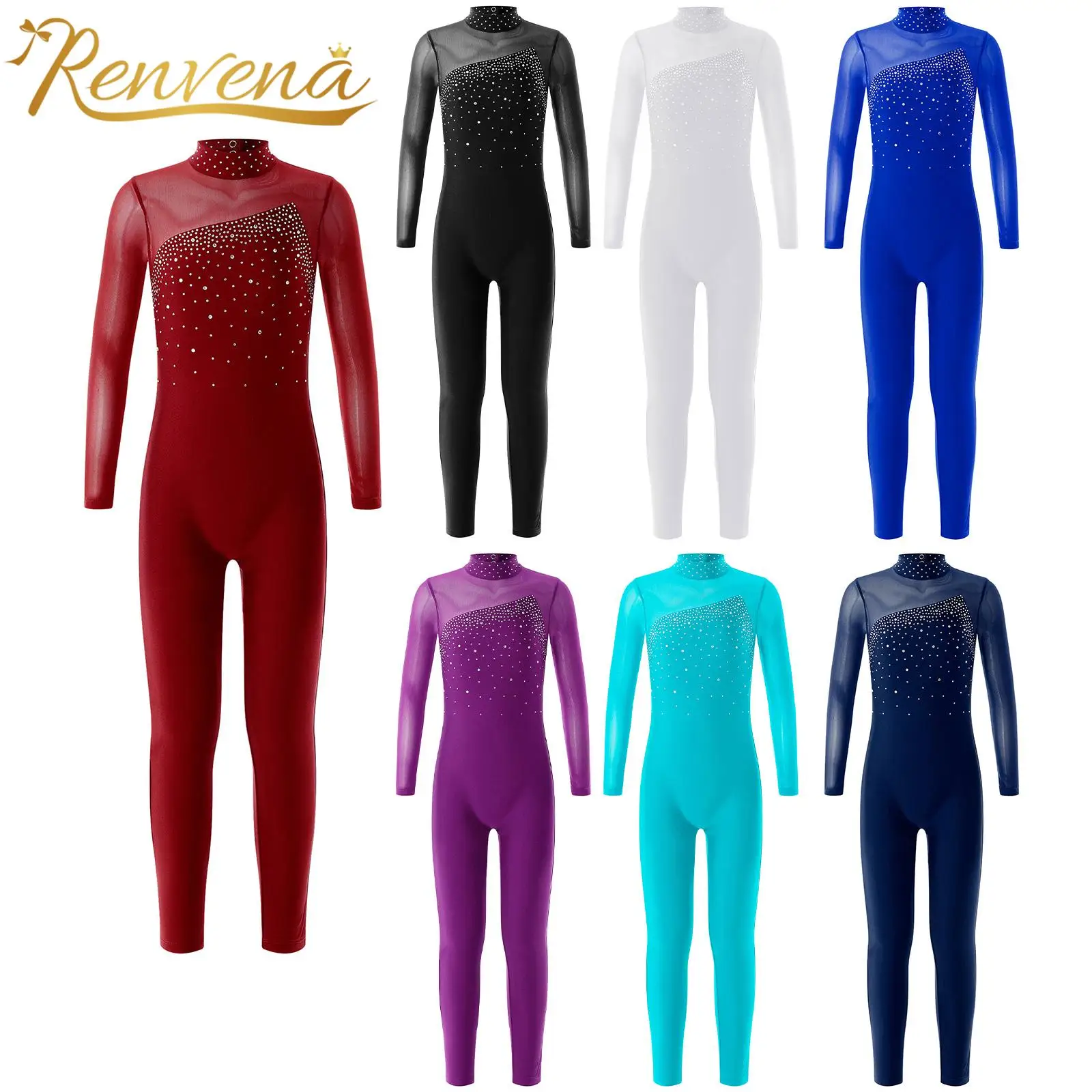 

Teens Long Sleeve Gymnastics Jumpsuits Kids Shiny Rhinestone Skating Bodysuit for Girls Pants Children Ballet Dance Leotards