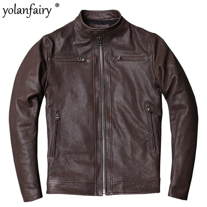 

Куртка мужская из натуральной кожи, байкерские короткие пальто с воротником-стойкой, масло, растительное Дубление, овчина